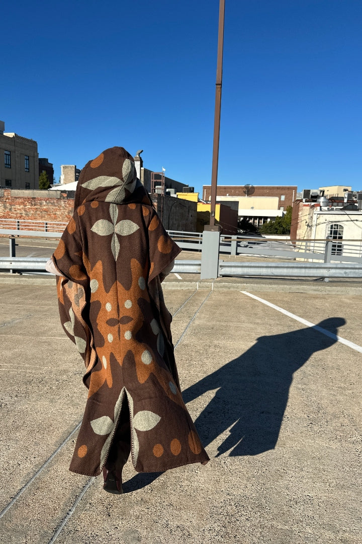 NEW Sedona Hooded Winter Open Front Poncho Printed Coat -  Chocolate Tan  Blend