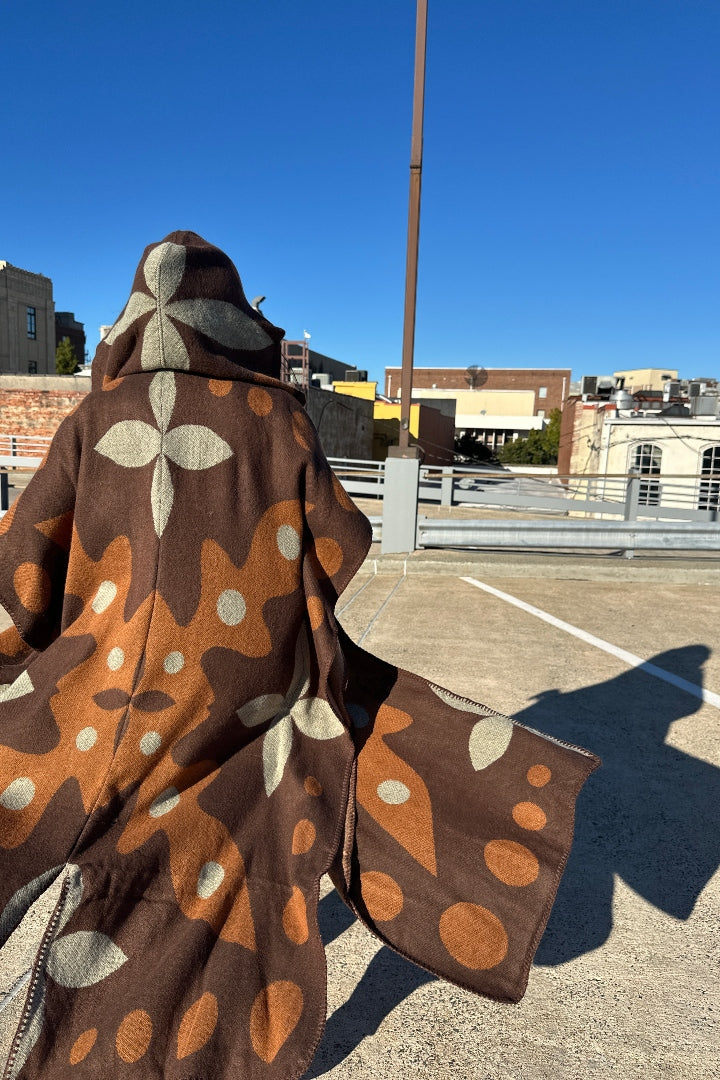 NEW Sedona Hooded Winter Open Front Poncho Printed Coat -  Chocolate Tan  Blend