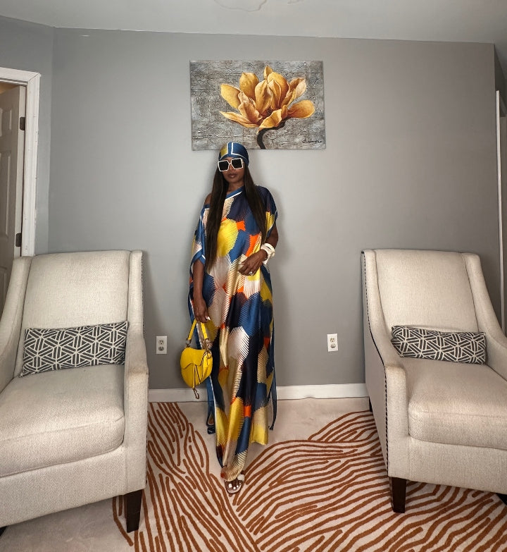 Vacation Vibes Kaftan Maxi Dress with Matching Scarf  -  Royal Blue Cream Yellow Orange Blend Ships 6/10