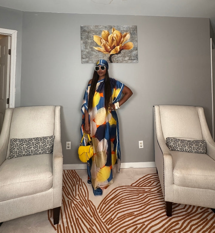 Vacation Vibes Kaftan Maxi Dress with Matching Scarf  -  Royal Blue Cream Yellow Orange Blend Ships 6/10