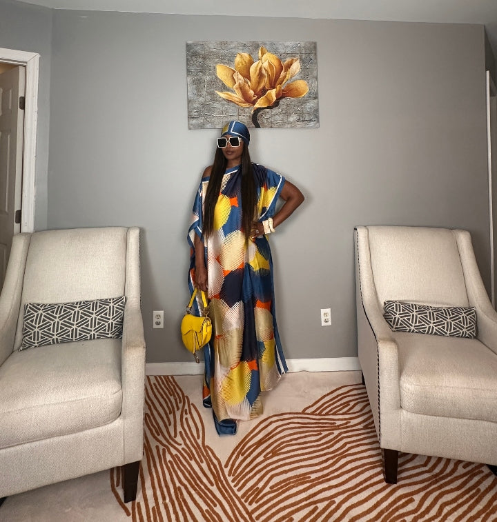 Vacation Vibes Kaftan Maxi Dress with Matching Scarf  -  Royal Blue Cream Yellow Orange Blend Ships 6/10