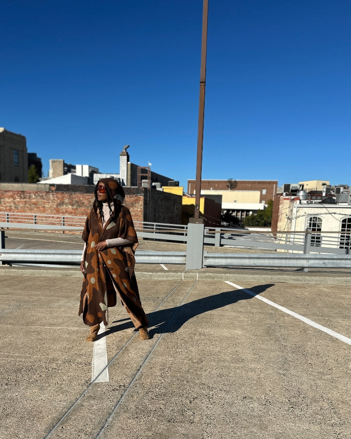 NEW Sedona Hooded Winter Open Front Poncho Printed Coat -  Chocolate Tan  Blend