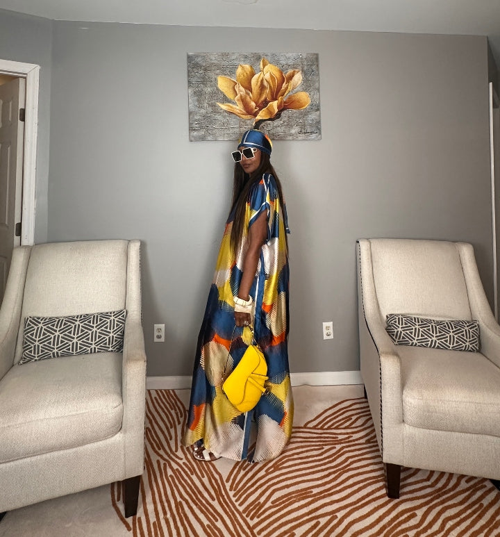 Vacation Vibes Kaftan Maxi Dress with Matching Scarf  -  Royal Blue Cream Yellow Orange Blend Ships 6/10