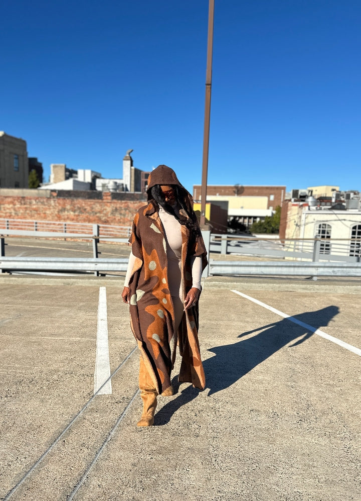 NEW Sedona Hooded Winter Open Front Poncho Printed Coat -  Chocolate Tan  Blend