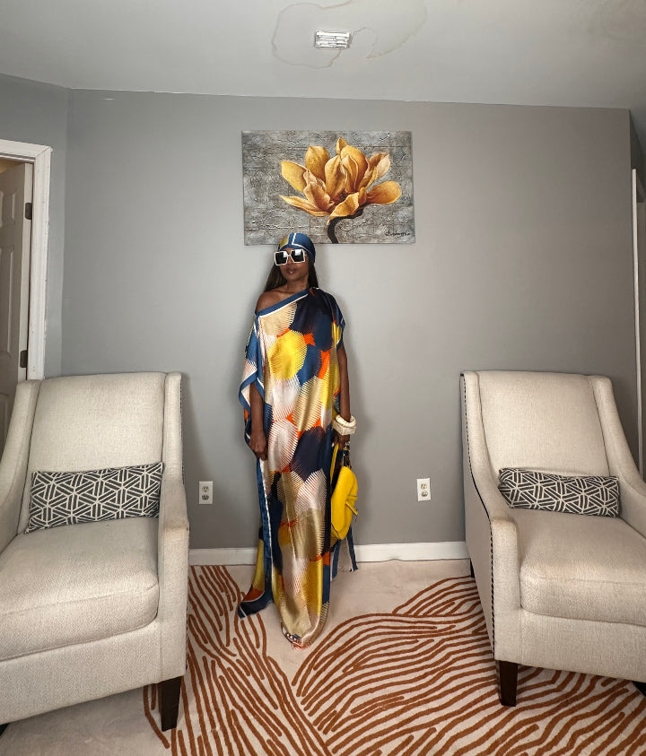 Vacation Vibes Kaftan Maxi Dress with Matching Scarf  -  Royal Blue Cream Yellow Orange Blend Ships 6/10