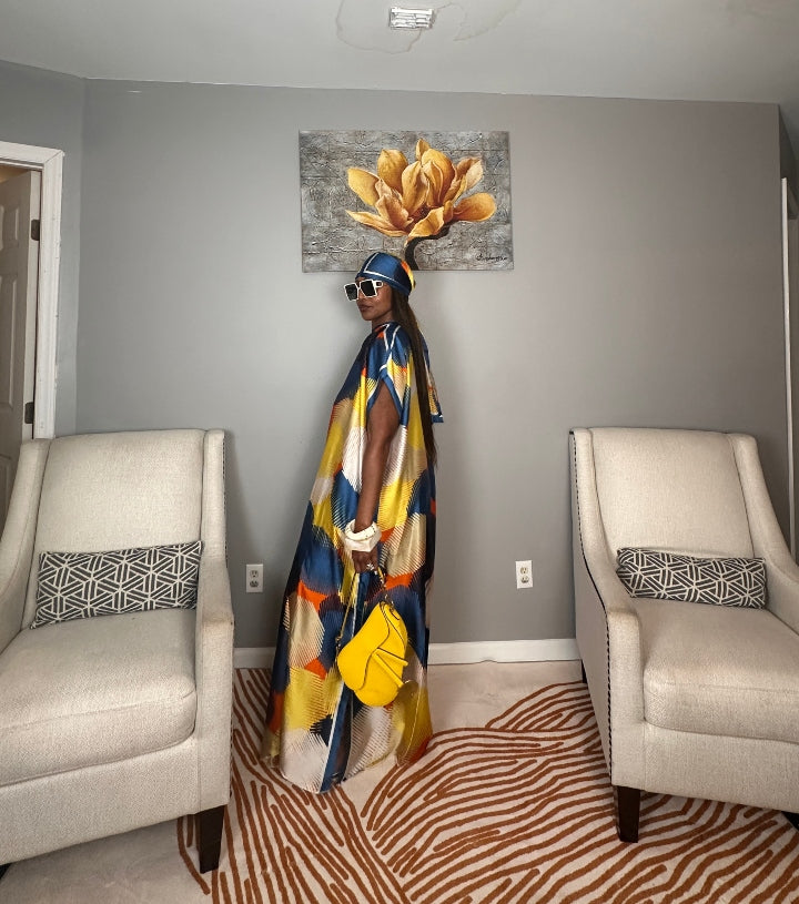 Vacation Vibes Kaftan Maxi Dress with Matching Scarf  -  Royal Blue Cream Yellow Orange Blend Ships 6/10
