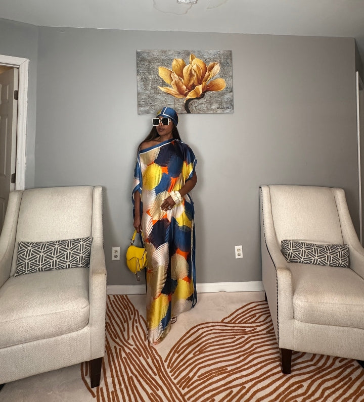 Vacation Vibes Kaftan Maxi Dress with Matching Scarf  -  Royal Blue Cream Yellow Orange Blend Ships 6/10