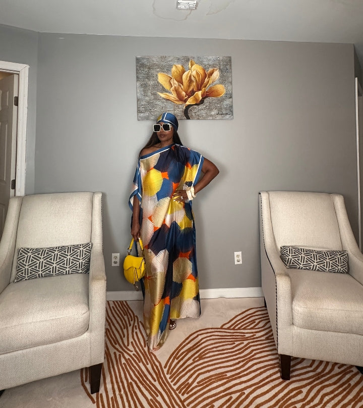 Vacation Vibes Kaftan Maxi Dress with Matching Scarf  -  Royal Blue Cream Yellow Orange Blend Ships 6/10