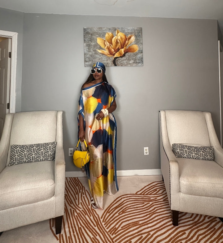 Vacation Vibes Kaftan Maxi Dress with Matching Scarf  -  Royal Blue Cream Yellow Orange Blend Ships 6/10