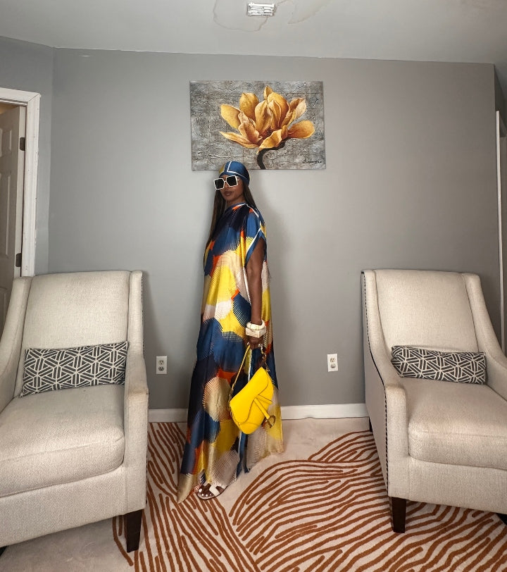 Vacation Vibes Kaftan Maxi Dress with Matching Scarf  -  Royal Blue Cream Yellow Orange Blend Ships 6/10