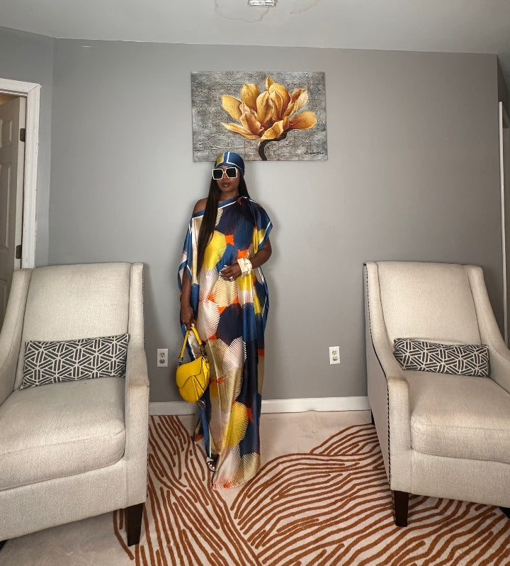 Vacation Vibes Kaftan Maxi Dress with Matching Scarf  -  Royal Blue Cream Yellow Orange Blend Ships 6/10