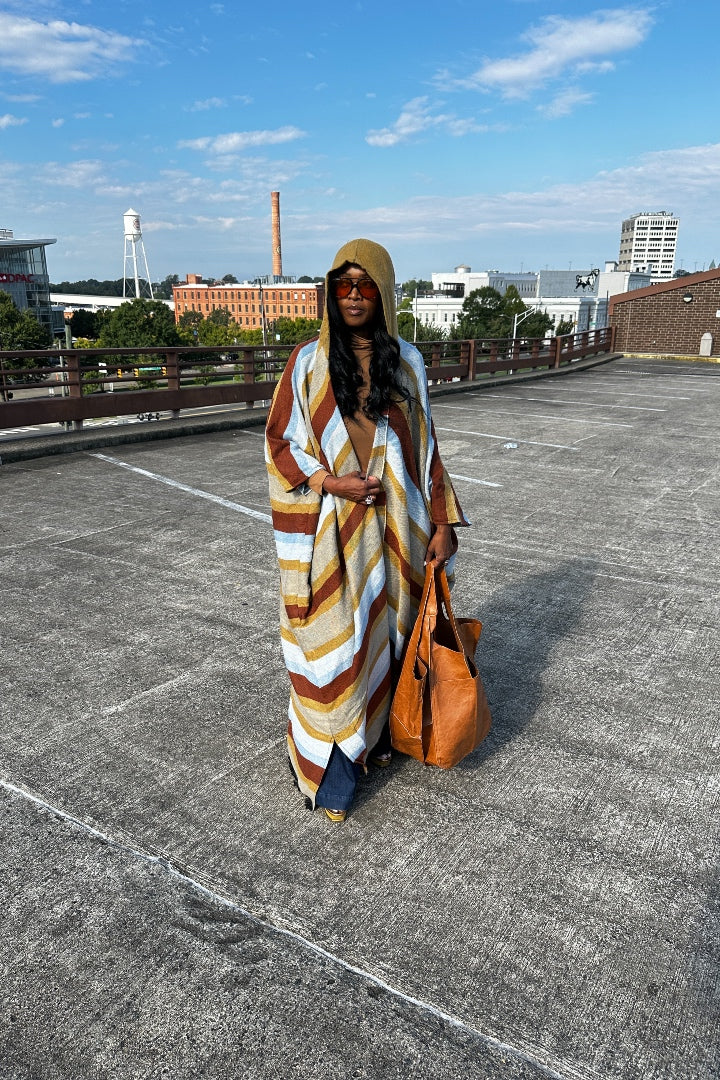 Hooded Phoenix Winter Open Front Poncho - Tan Light Blue Cognac Blend