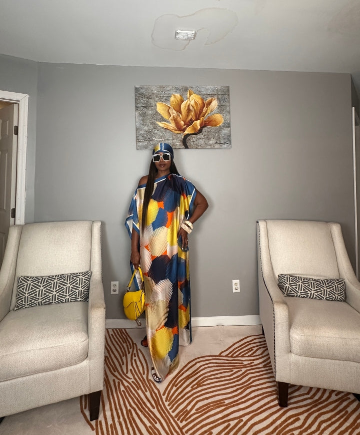 Vacation Vibes Kaftan Maxi Dress with Matching Scarf  -  Royal Blue Cream Yellow Orange Blend Ships 6/10