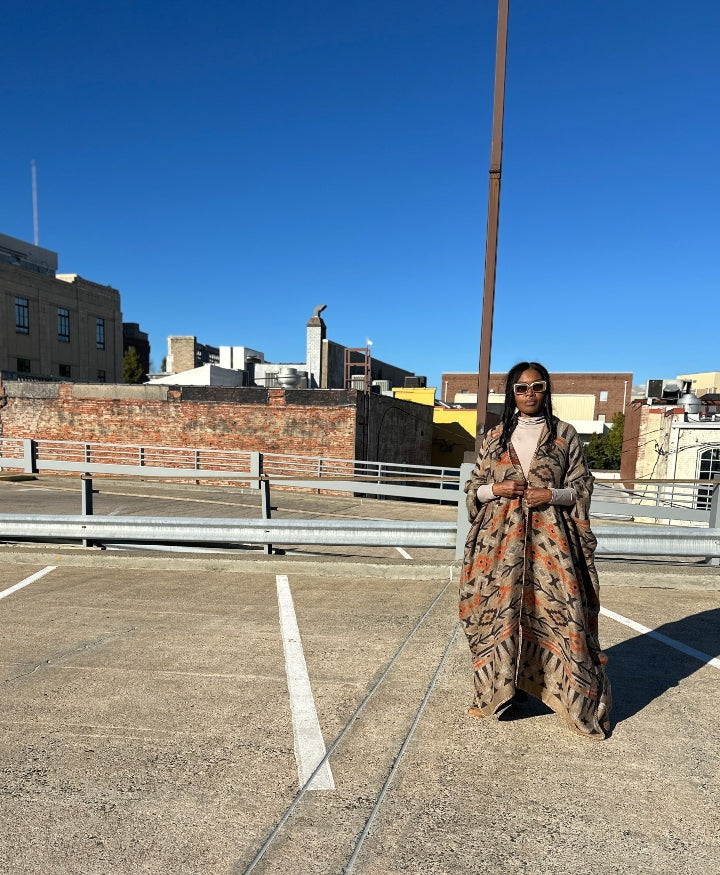 NEW Hooded Winter Open Front Aztec Poncho Coat -  Burnt Orange Chocolate Tan Blend Ships 10/30