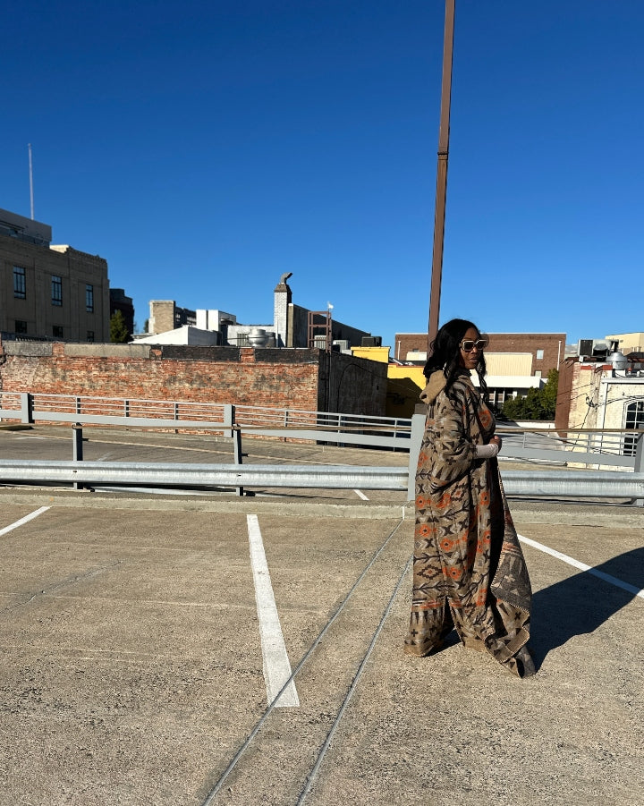 NEW Hooded Winter Open Front Aztec Poncho Coat -  Burnt Orange Chocolate Tan Blend Ships 10/30