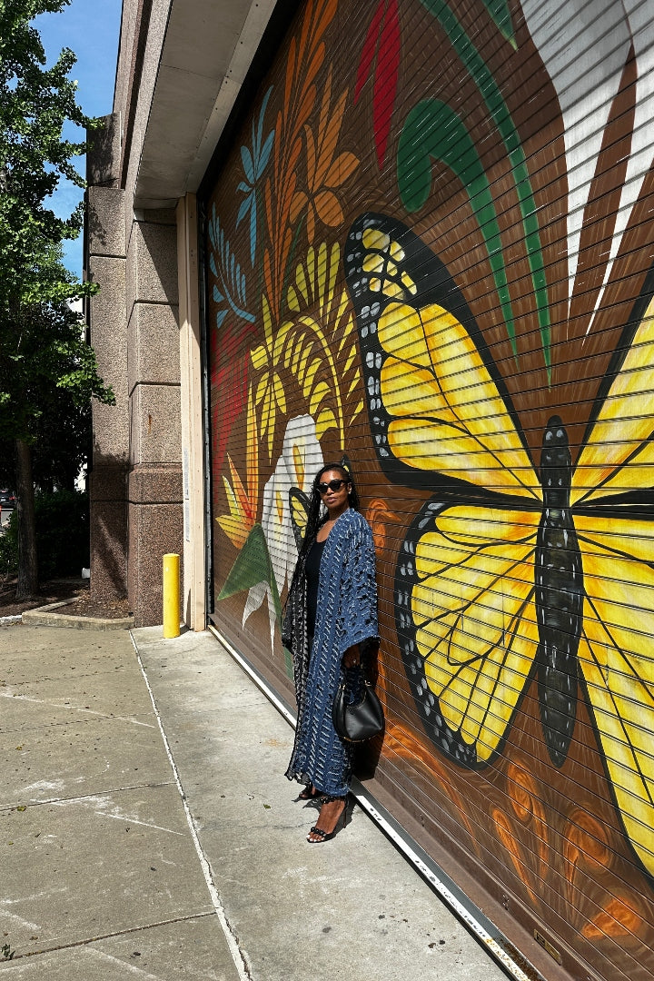 Duo Denim Distressed Cut Out  Open Front Long Cardigan -Black Denim Blue Denim Combo Ships 9/3