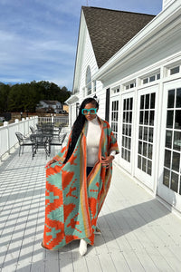 RESTOCKED Hooded Winter Open Front Poncho - Burnt Orange Turquoise Tan Blend Ships 2/29