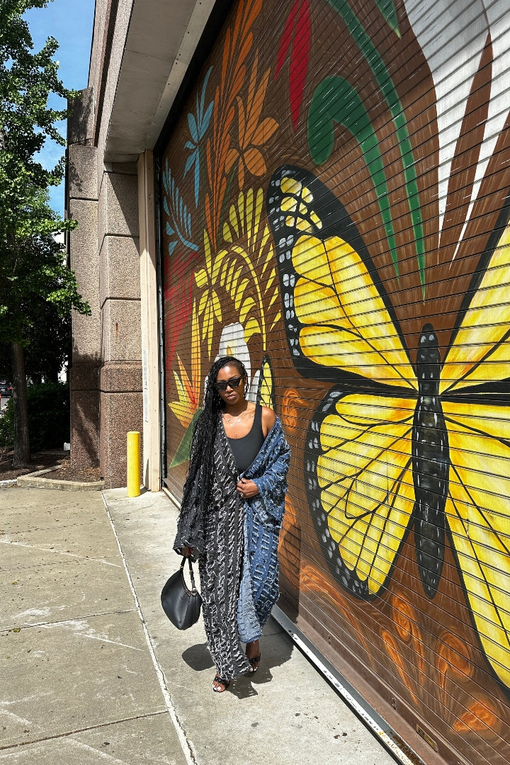 Duo Denim Distressed Cut Out  Open Front Long Cardigan -Black Denim Blue Denim Combo Ships 9/3