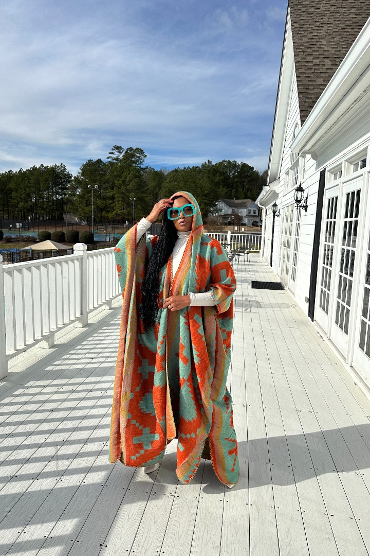 Hooded Winter Open Front Poncho - Teal Red Blue Yellow Multi-color Ships 5/4