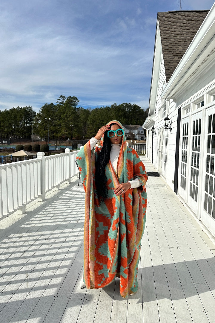 RESTOCKED Hooded Winter Open Front Poncho - Burnt Orange Turquoise Tan Blend Ships 2/29