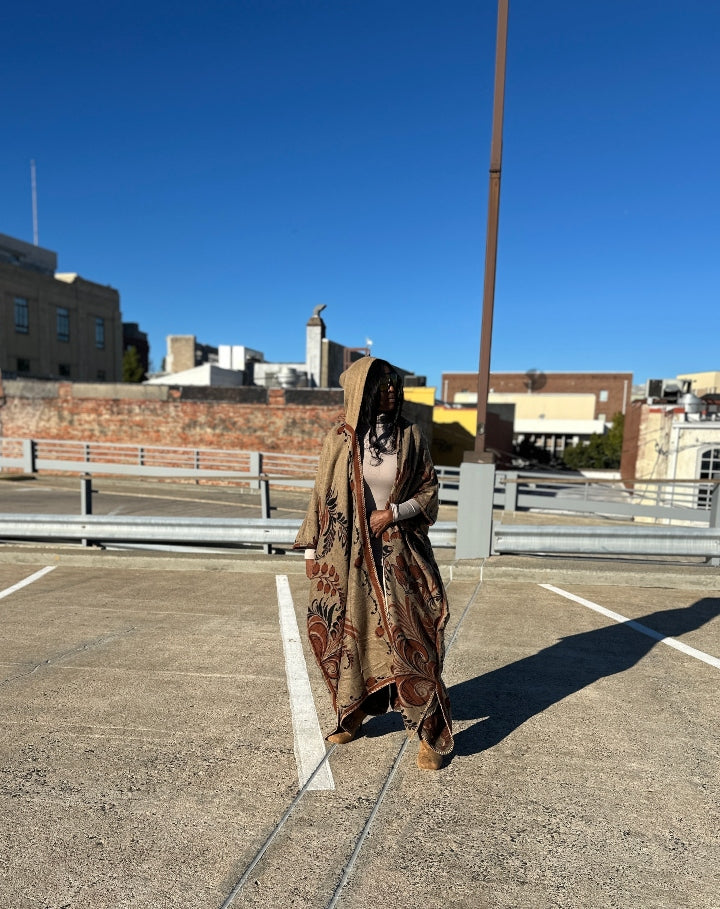 NEW Hooded Winter Open Front Poncho Coat -  Chocolate Tan Black Blend Ships 10/30