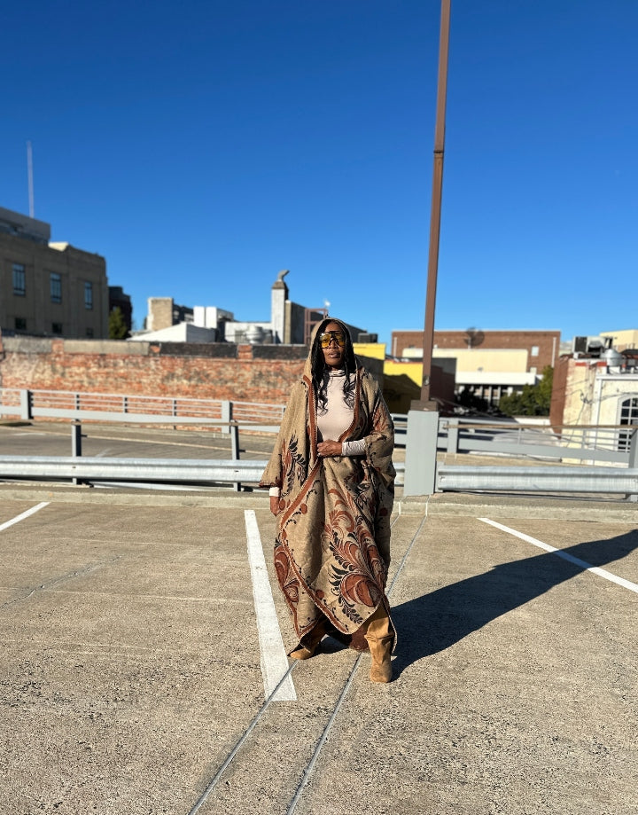 NEW Hooded Winter Open Front Poncho Coat -  Chocolate Tan Black Blend Ships 10/30