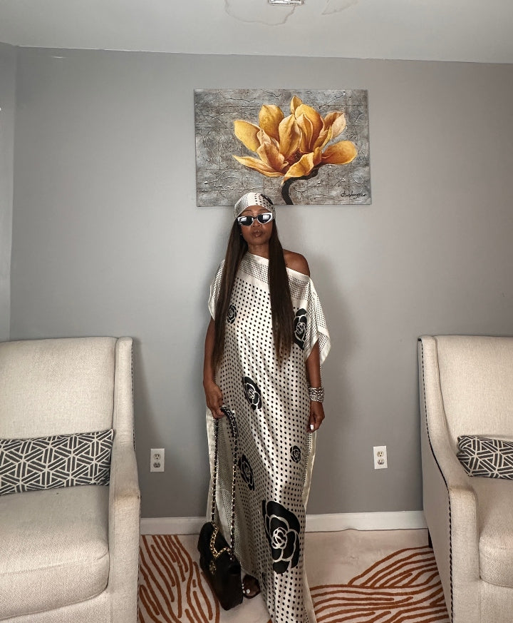 Vacation Vibes Kaftan Maxi Dress with Matching Scarf  -  Black and White Polka Dot Blend