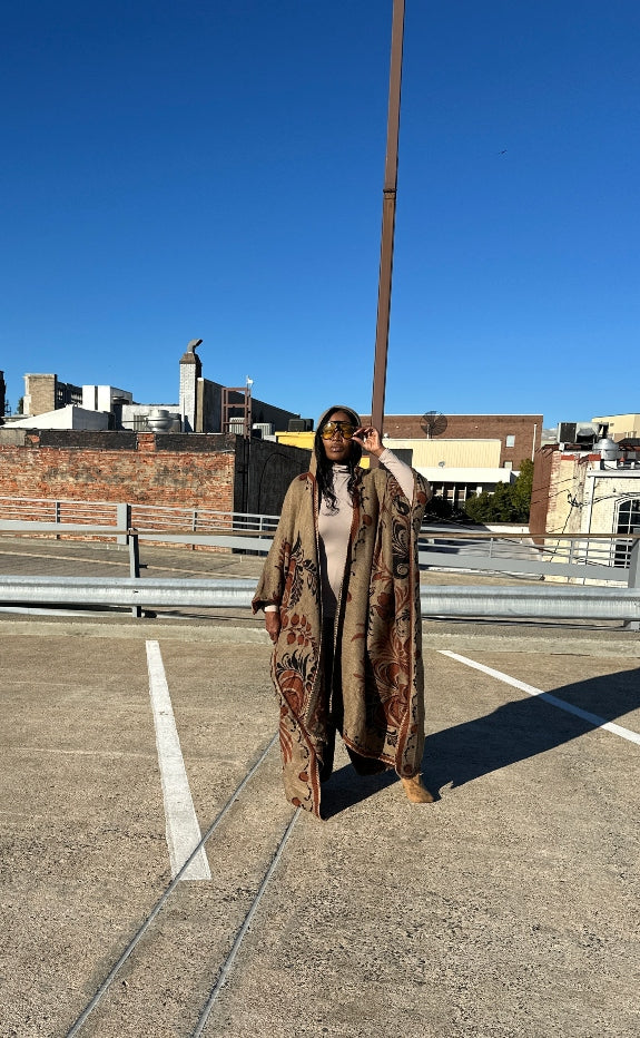 NEW Hooded Winter Open Front Poncho Coat -  Chocolate Tan Black Blend Ships 10/30