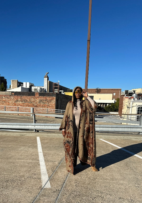 NEW Hooded Winter Open Front Poncho Coat -  Chocolate Tan Black Blend Ships 10/30