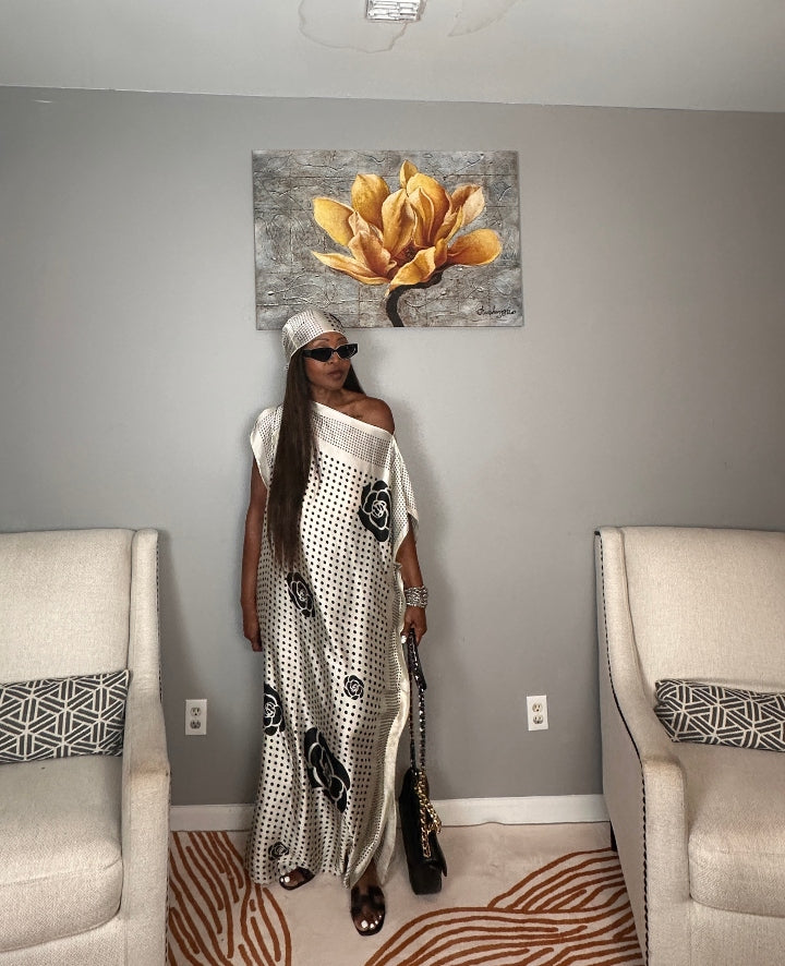 Vacation Vibes Kaftan Maxi Dress with Matching Scarf  -  Black and White Polka Dot Blend