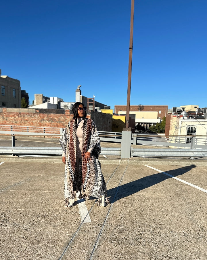 Rich Auntie Winter Open Front Sweater Cardigan Duster -Tan Chocolate Grey Blend