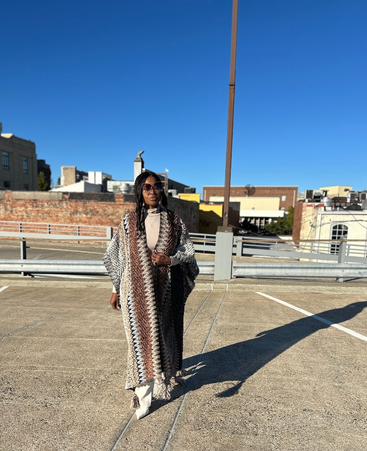 Rich Auntie Winter Open Front Sweater Cardigan Duster -Tan Chocolate Grey Blend