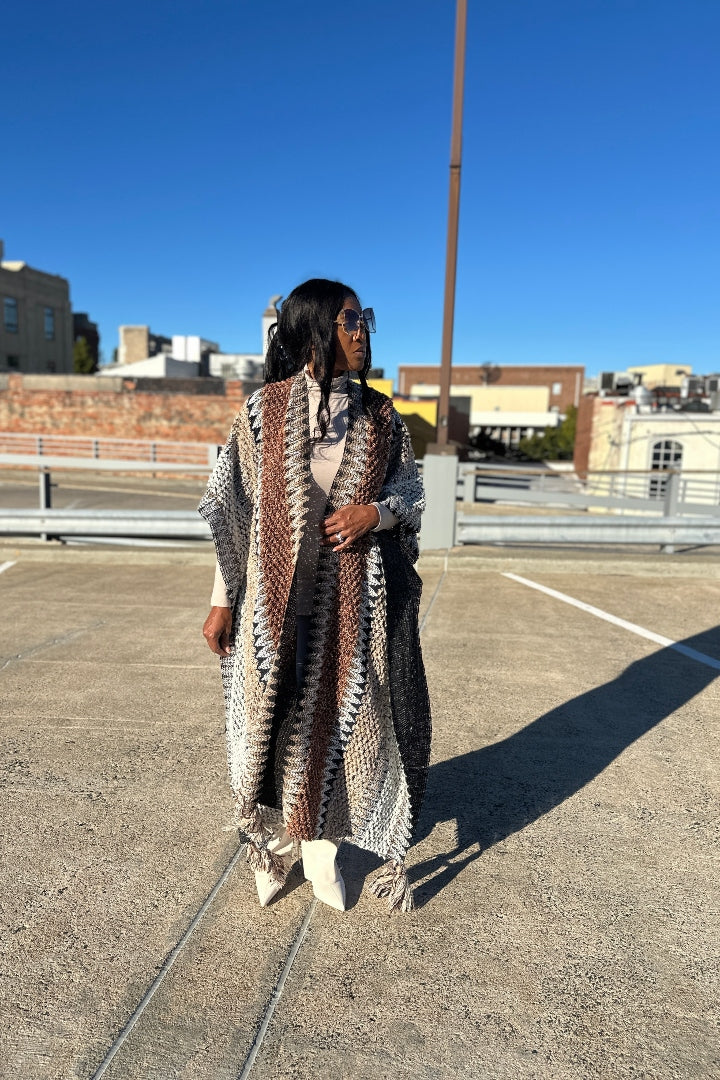 Rich Auntie Winter Open Front Sweater Cardigan Duster -Tan Chocolate Grey Blend