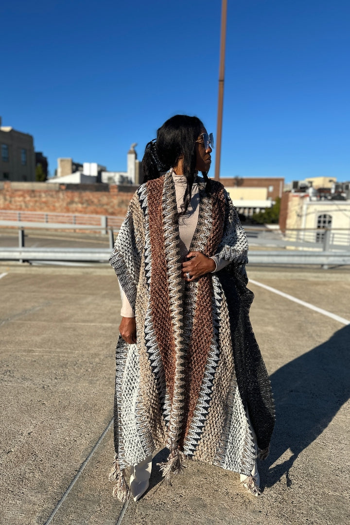 Rich Auntie Winter Open Front Sweater Cardigan Duster -Tan Chocolate Grey Blend