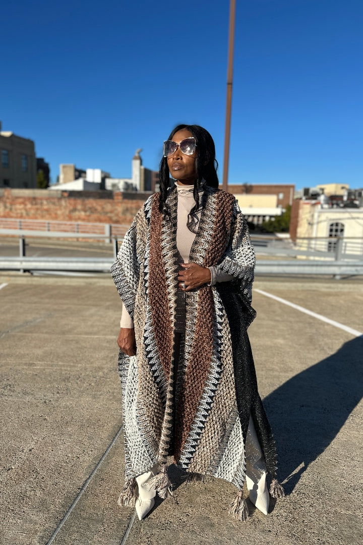 Rich Auntie Winter Open Front Sweater Cardigan Duster -Tan Chocolate Grey Blend