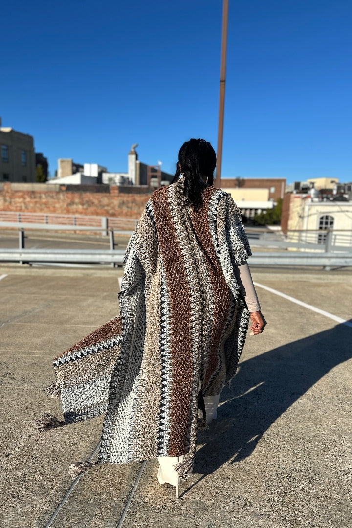 Rich Auntie Winter Open Front Sweater Cardigan Duster -Tan Chocolate Grey Blend