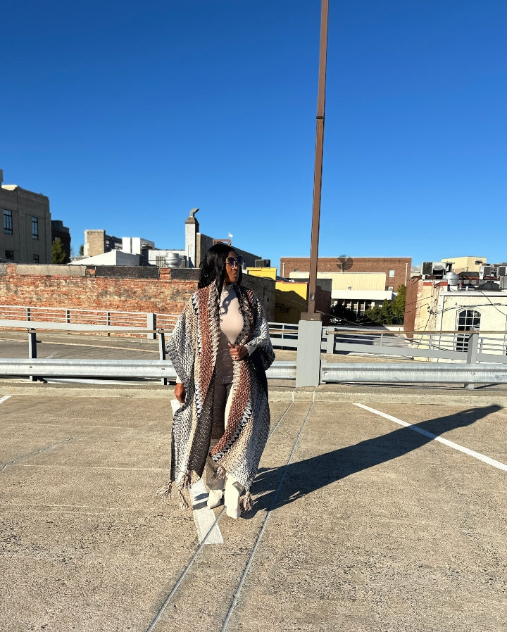 Rich Auntie Winter Open Front Sweater Cardigan Duster -Tan Chocolate Grey Blend