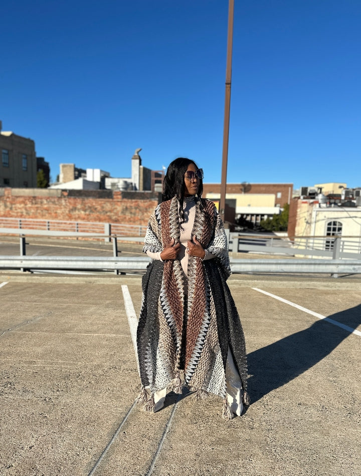 Rich Auntie Winter Open Front Sweater Cardigan Duster -Tan Chocolate Grey Blend