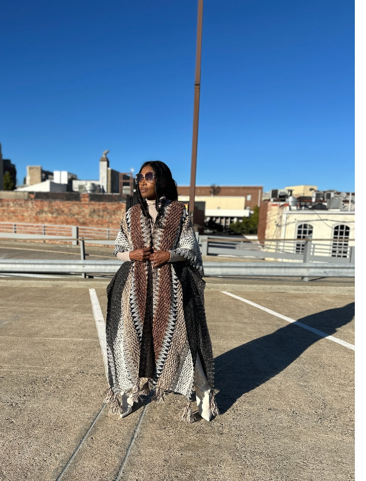 Rich Auntie Winter Open Front Sweater Cardigan Duster -Tan Chocolate Grey Blend