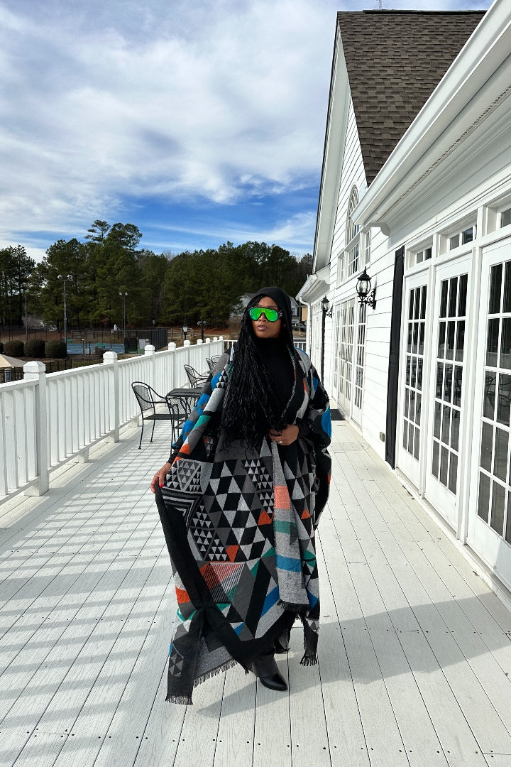 Restocked Hooded Winter Open Front Poncho - Black Grey Blue Green Blend Ships 2/26