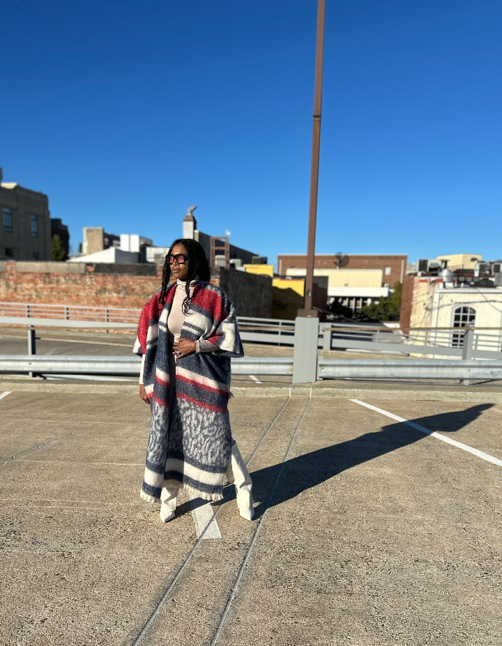 Rich Auntie Winter Open Front Long Kimono Coat - Navy Cream Red Blend Ships 10/30