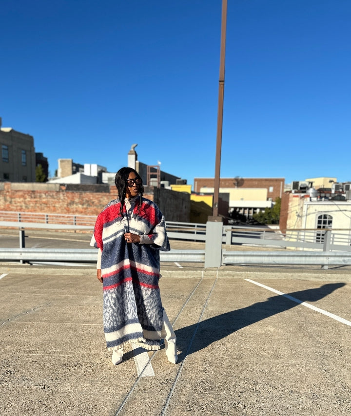 Rich Auntie Winter Open Front Long Kimono Coat - Navy Cream Red Blend Ships 10/30