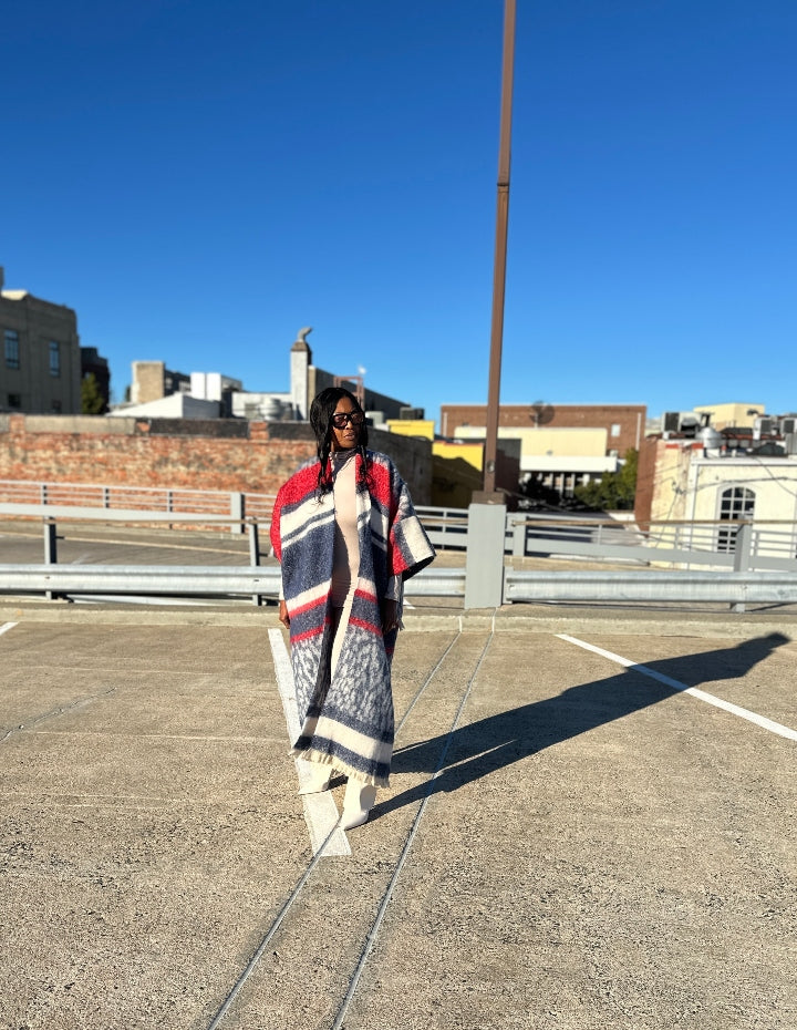 Rich Auntie Winter Open Front Long Kimono Coat - Navy Cream Red Blend Ships 10/30