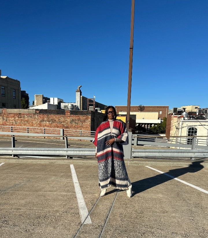 Rich Auntie Winter Open Front Long Kimono Coat - Navy Cream Red Blend Ships 10/30
