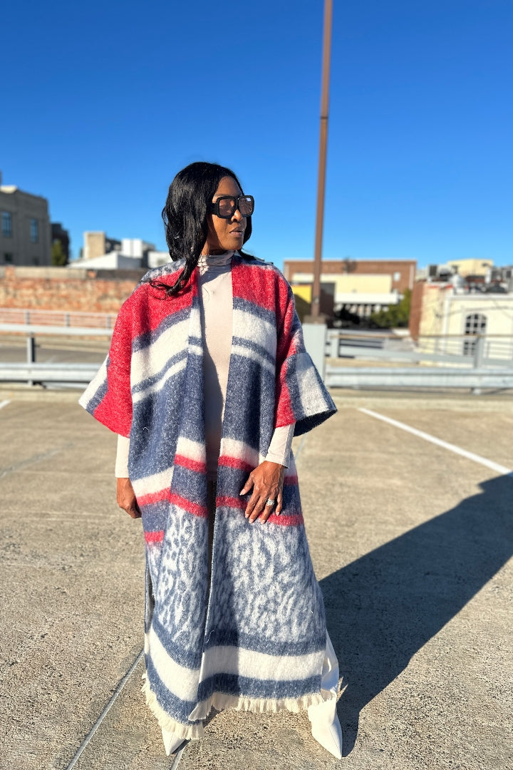Rich Auntie Winter Open Front Long Kimono Coat - Navy Cream Red Blend Ships 10/30