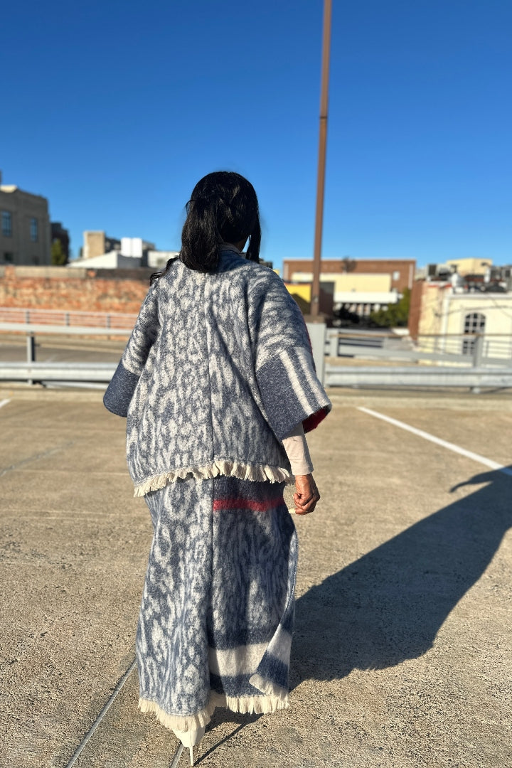 Rich Auntie Winter Open Front Long Kimono Coat - Navy Cream Red Blend Ships 10/30