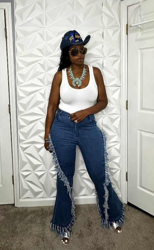 RESTOCKED Cowgirl Tall Flare Fringe Stretch Denim Jeans – All Diva