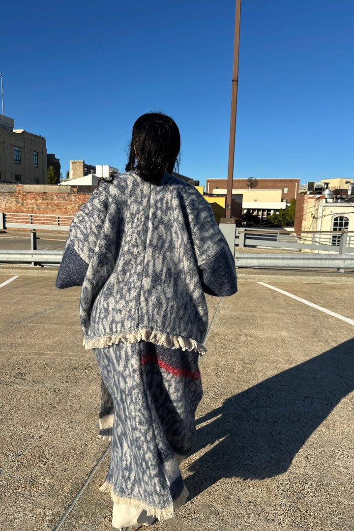 Rich Auntie Winter Open Front Long Kimono Coat - Navy Cream Red Blend Ships 10/30