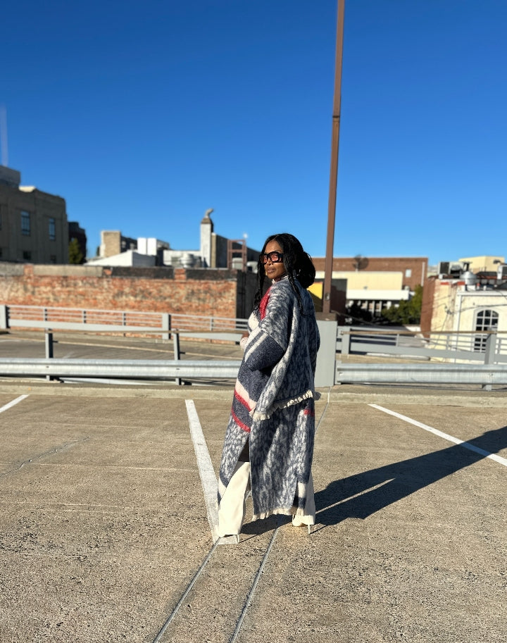 Rich Auntie Winter Open Front Long Kimono Coat - Navy Cream Red Blend Ships 10/30
