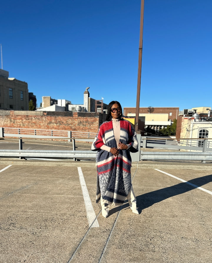 Rich Auntie Winter Open Front Long Kimono Coat - Navy Cream Red Blend Ships 10/30